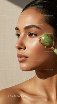 Close-Up of Woman Using Jade Roller for Facial Massage in Skincare Routine