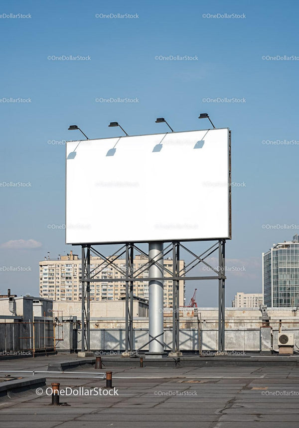 Blank Advertising Billboard on Urban Rooftop in Daylight JPG Mockup Image