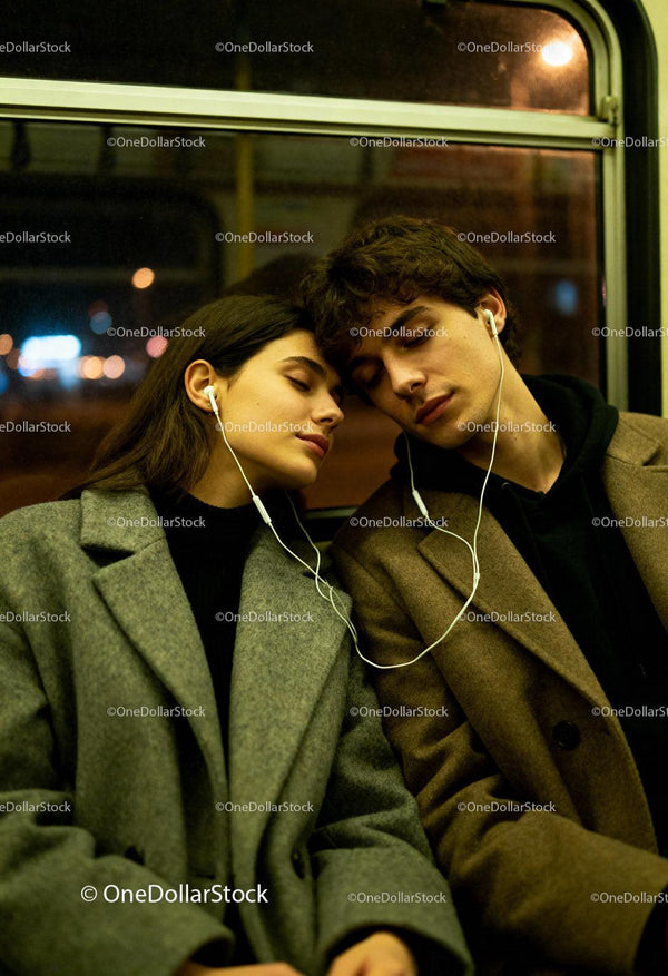 Young couple sharing earphones while resting on subway