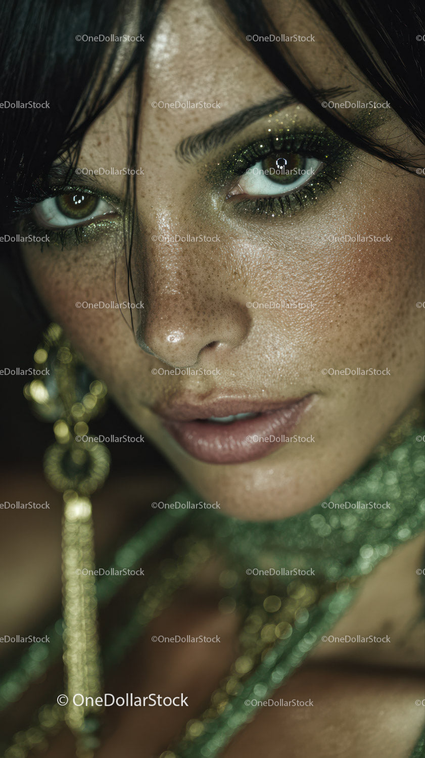 Close-up of a woman with glittery makeup and expressive eyes