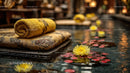 Serene Outdoor Spa Scene with Yellow Towel and Water Lilies