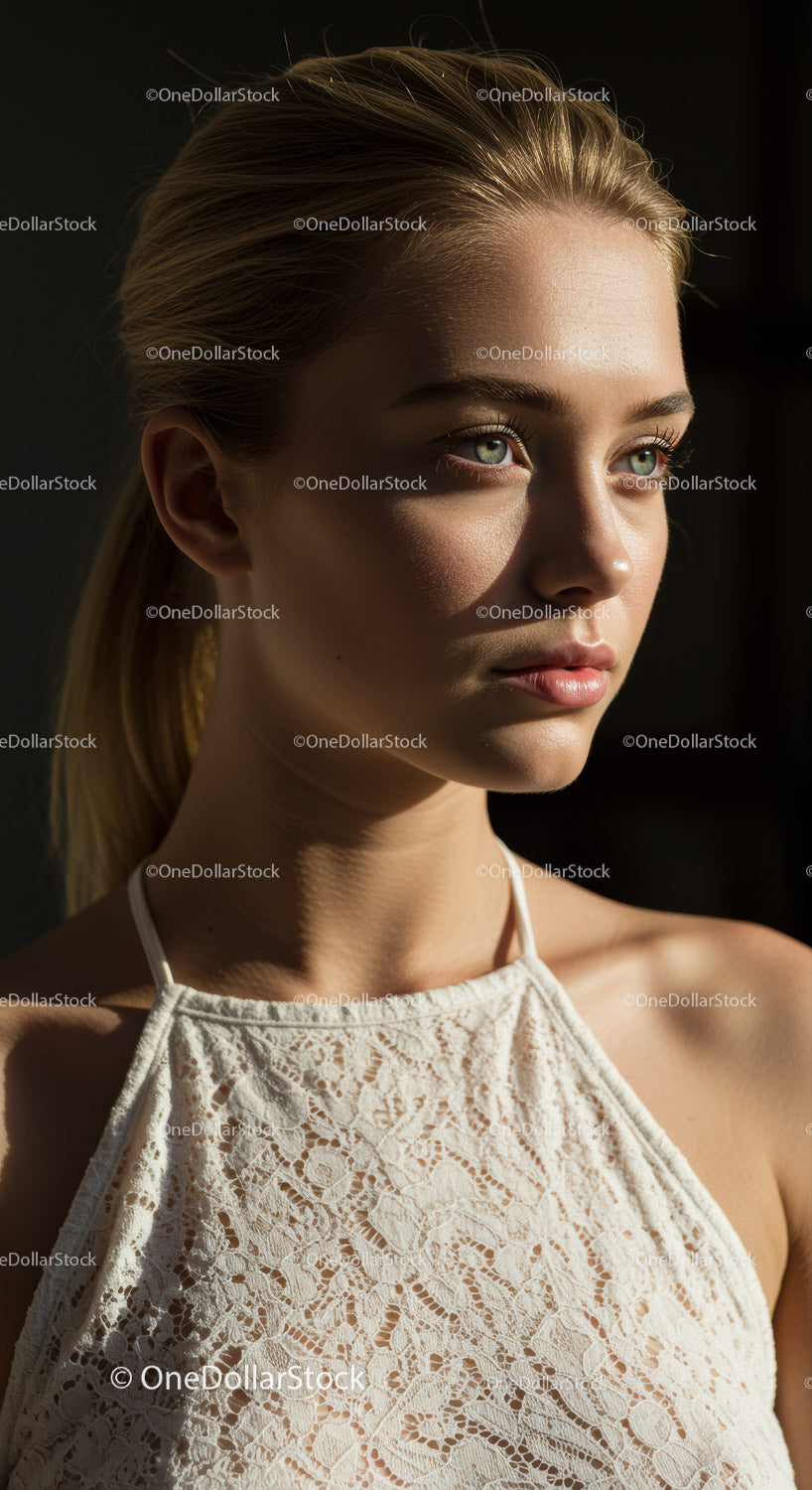 Elegancki portret młodej kobiety z zielonymi oczami i koronkową bluzką