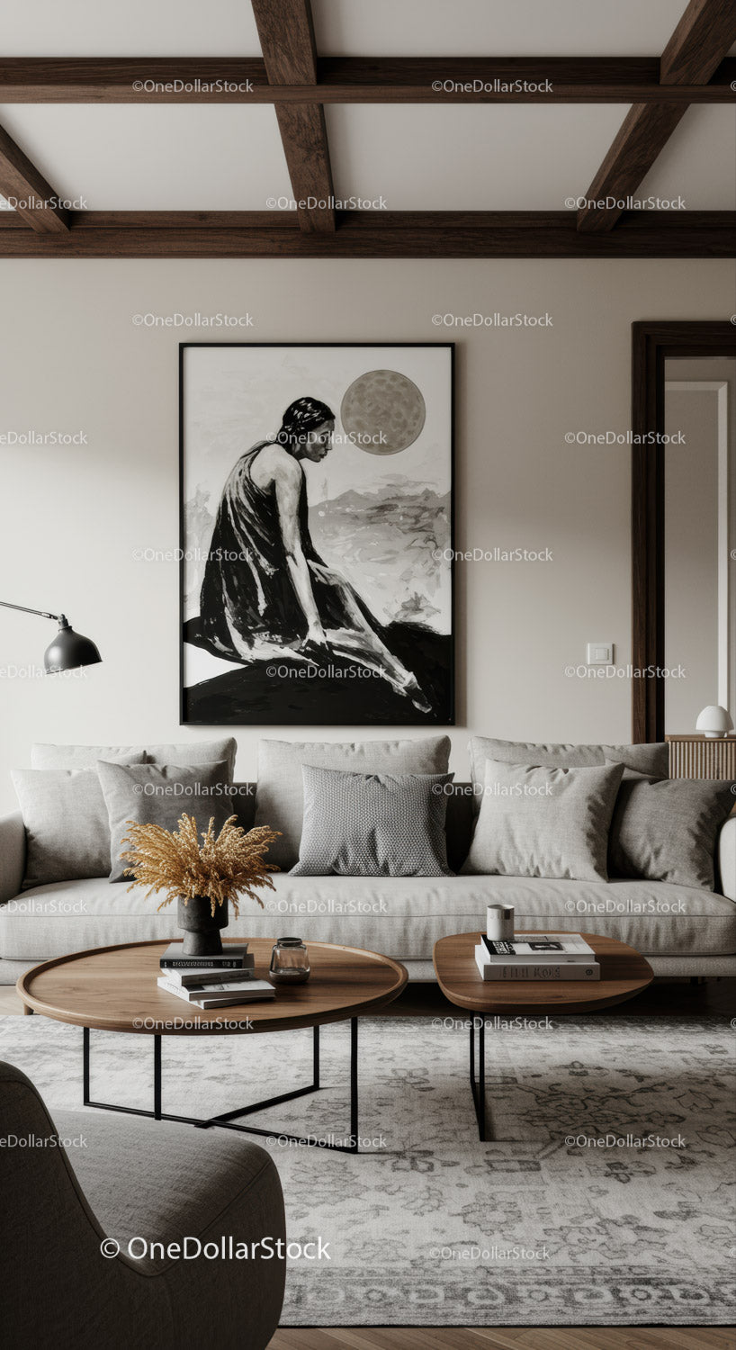 Nowoczesny salon z przytulną sofą i artystyczną dekoracją ścienną