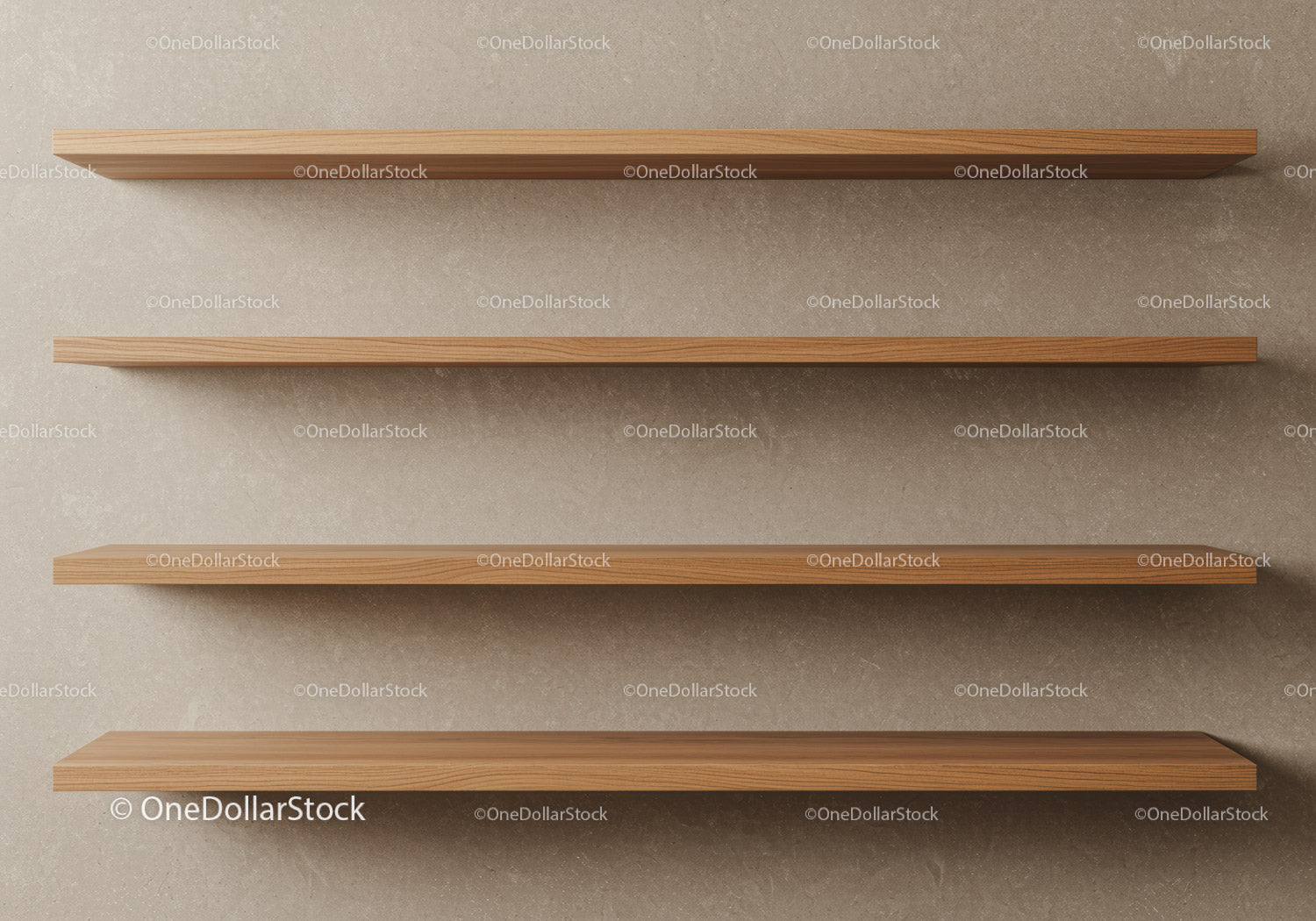Three Wooden Shelves in Minimalist Interior with Neutral Background