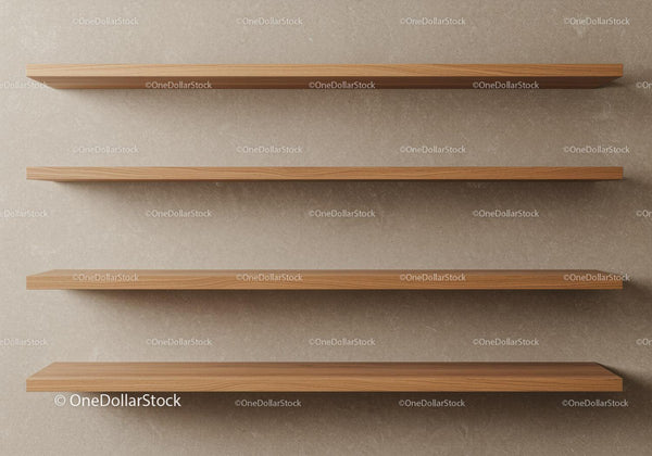 Three Wooden Shelves in Minimalist Interior with Neutral Background
