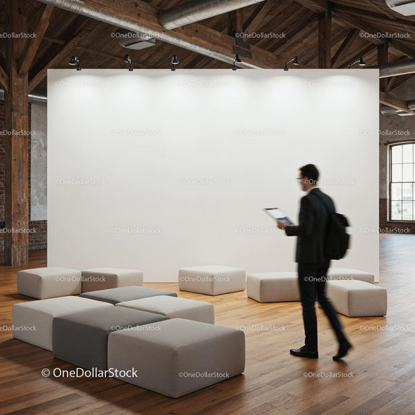 Businessman walking in modern industrial loft space JPG Mockup Image