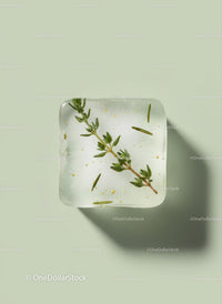 Herb sprig frozen in a transparent ice cube