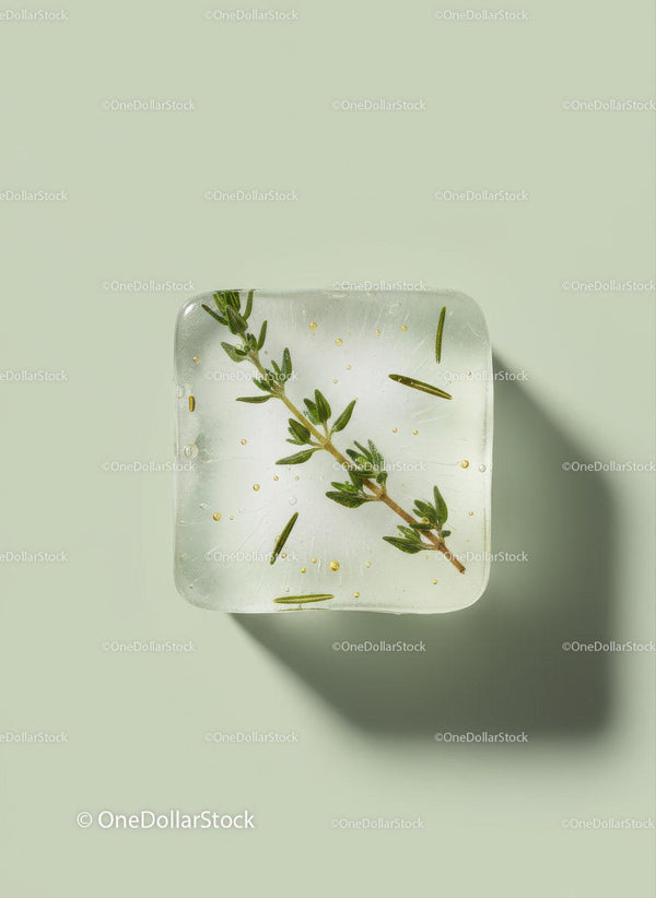 Herb sprig frozen in a transparent ice cube