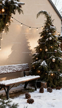 Snow-covered Christmas bench and decorated outdoor tree