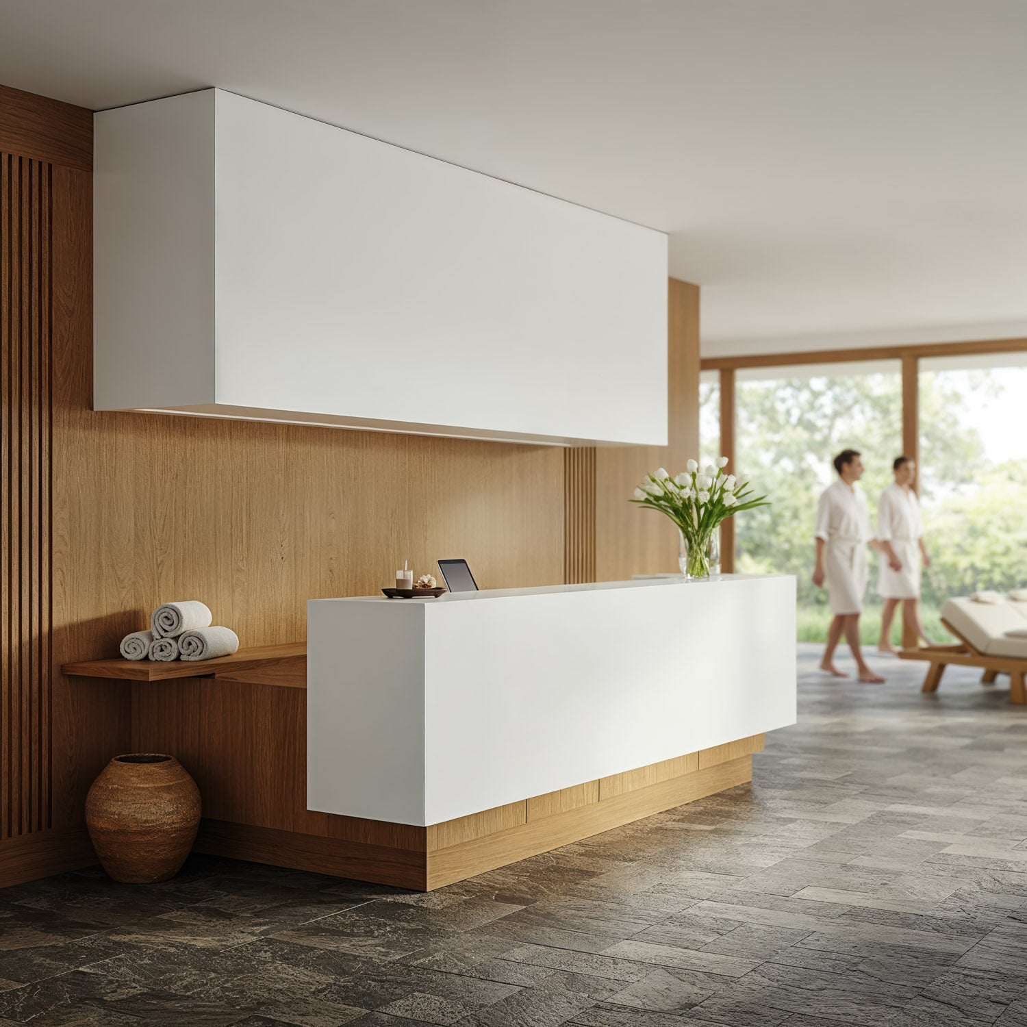 Minimalist spa reception with natural wood accents