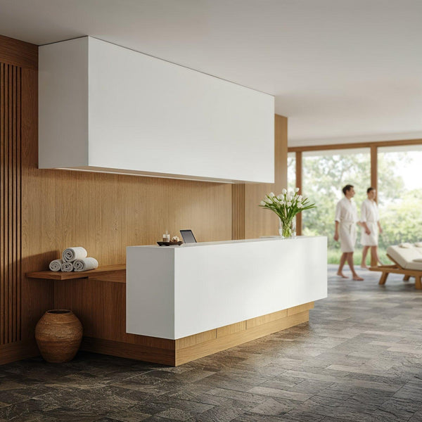 Minimalist spa reception with natural wood accents JPG Mockup Image