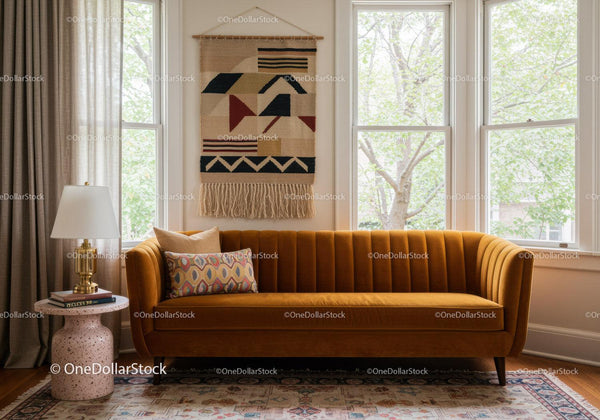 Cozy living room with mustard sofa and textured decor
