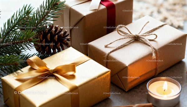 Gift boxes with pinecones and candle in warm setting