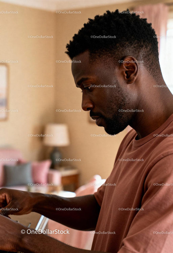 Focused man concentrating on a creative task indoors