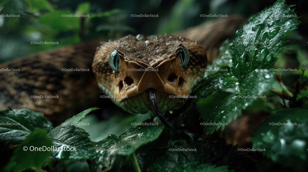 Close-up of a Camouflaged Jungle Snake with Green Eyes