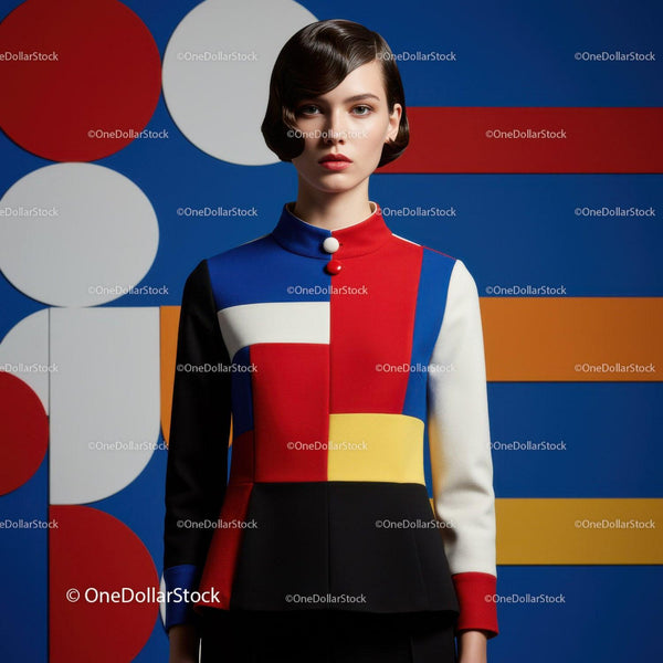Woman wearing vibrant geometric color block jacket