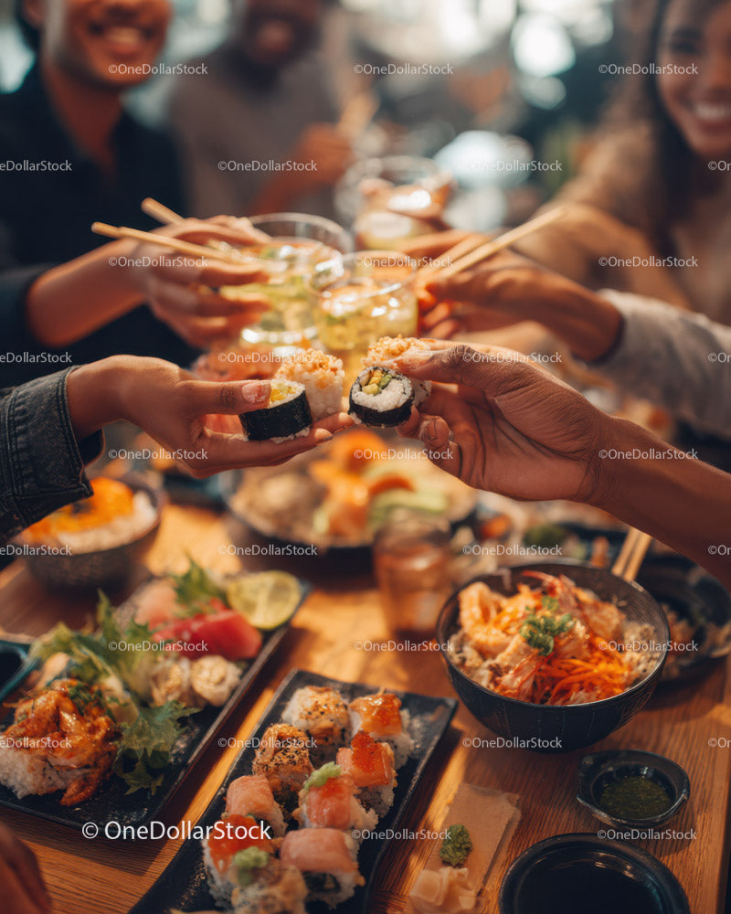 Vibrant Sushi and Drinks Gathering with Friends in Modern Restaurant
