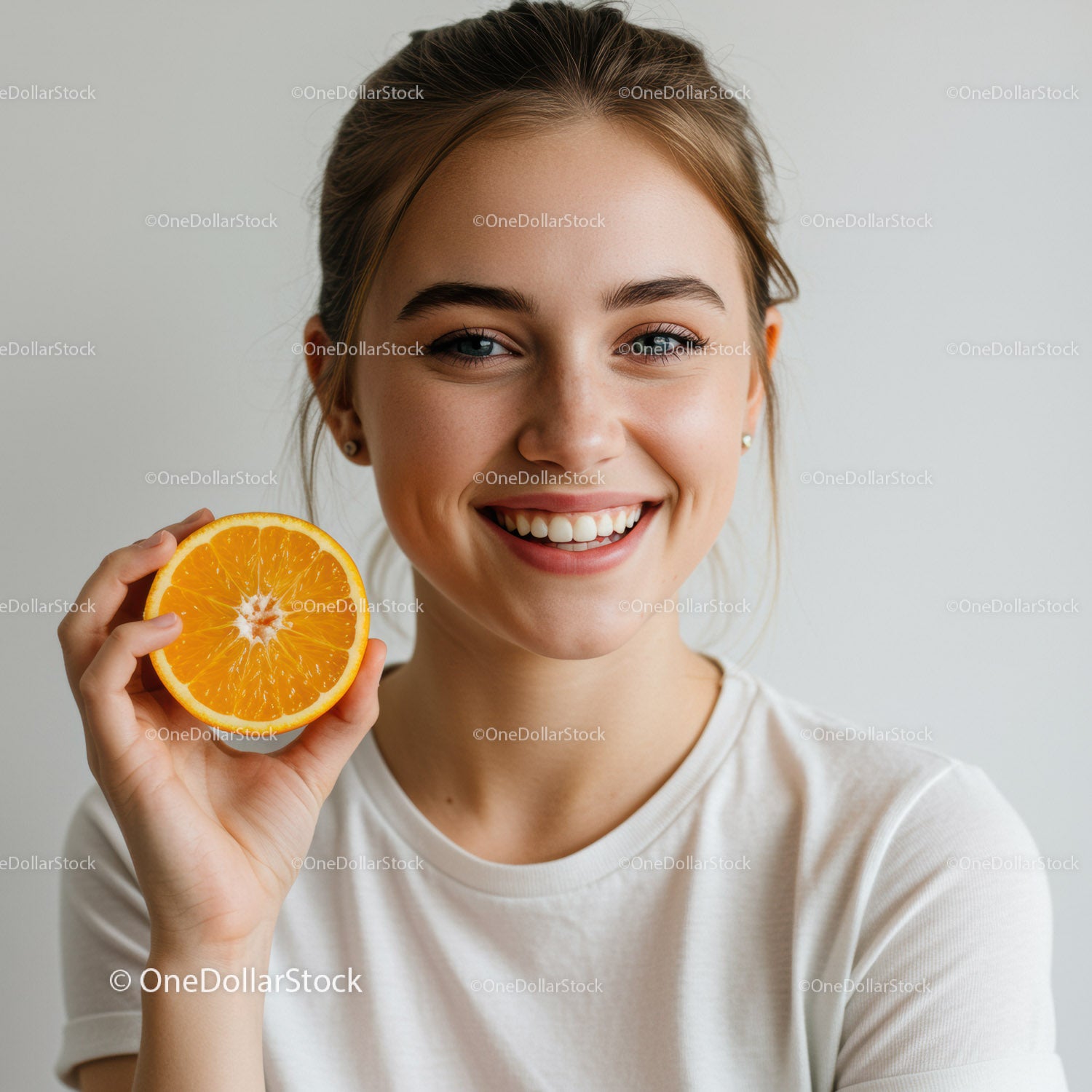 Young Woman Smiling Holding Orange Slice Healthy Citrus Fruit Lifestyle