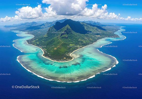 Tropical Island with Green Mountains and Turquoise Beaches