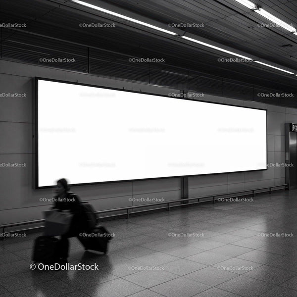 Traveler walking past large blank billboard in subway station JPG Mockup Image