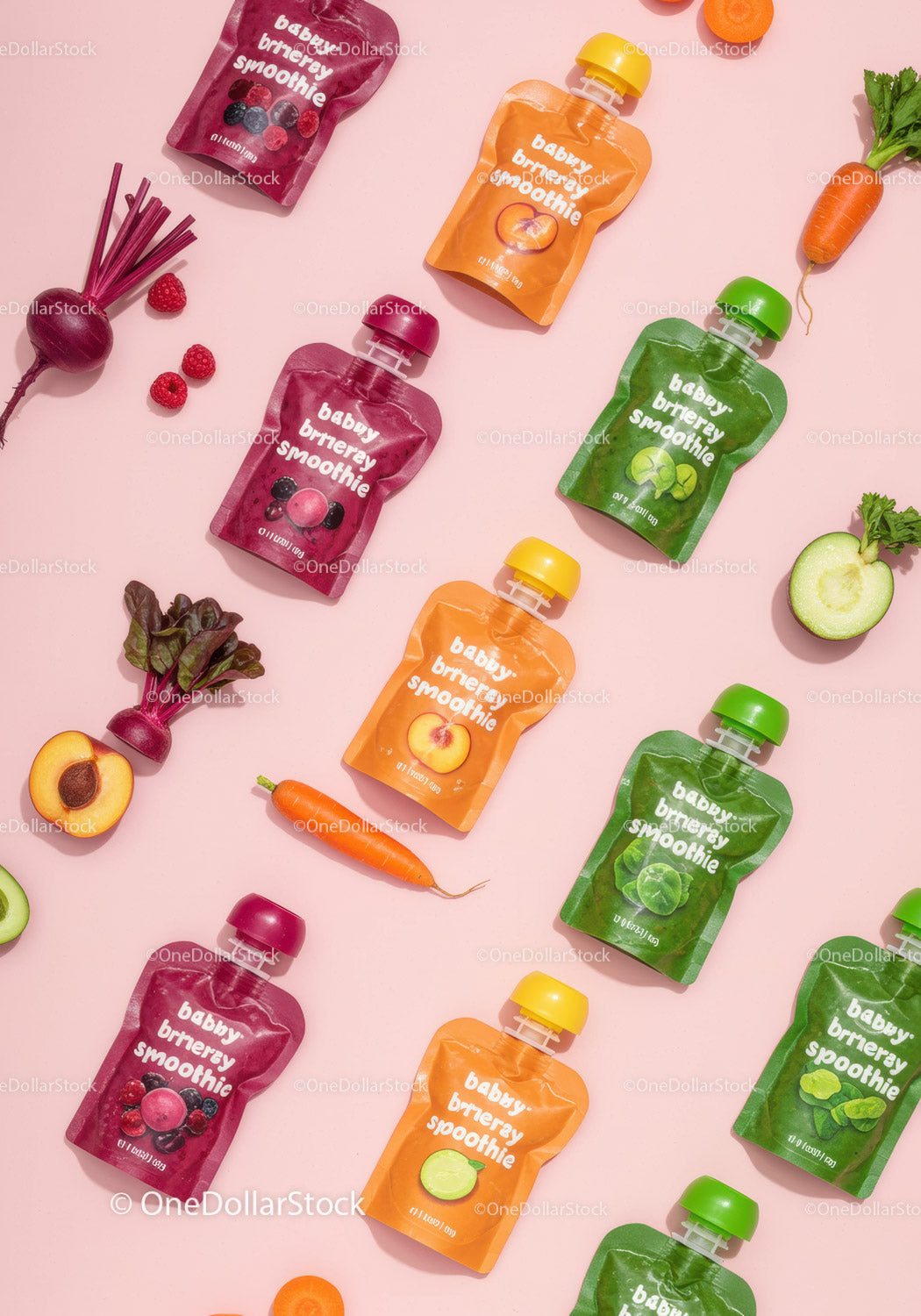 Colorful baby smoothie pouches with fresh fruits and veggies