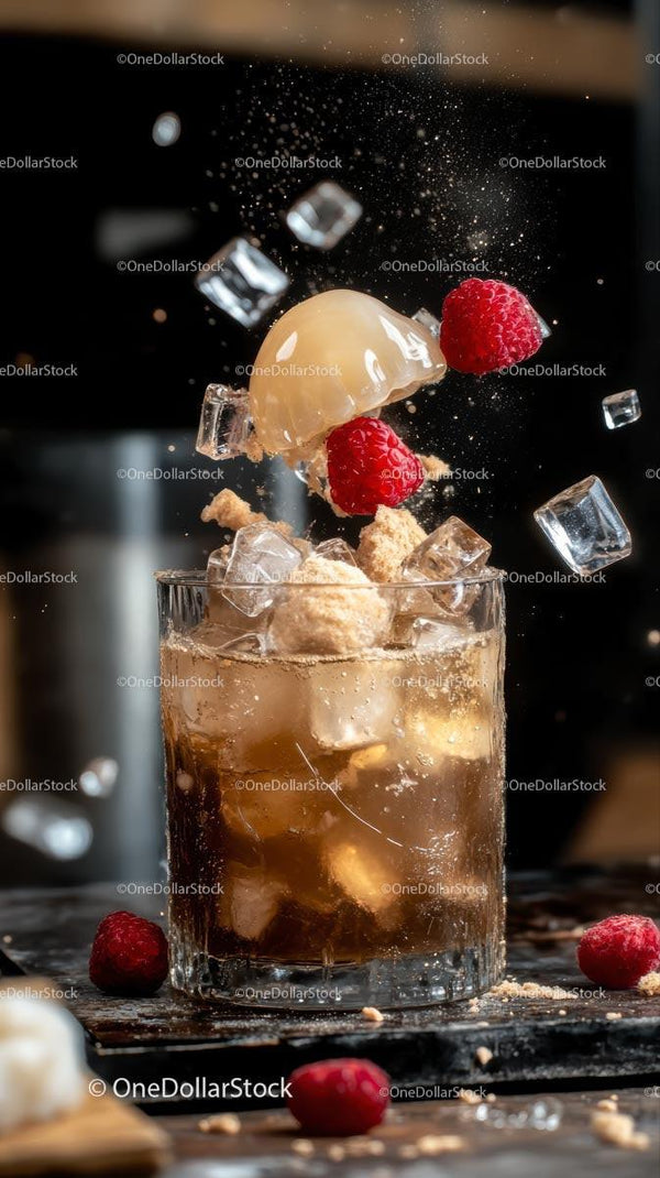 Refreshing Raspberry Vanilla Ice Cream Cocktail Splash with Ice Cubes
