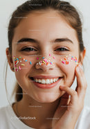 Joyful Young Woman with Colorful Sprinkles on Face and Bright Smile