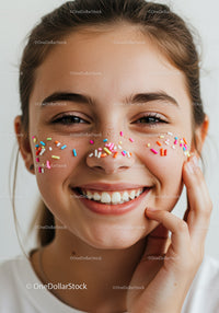 Joyful Young Woman with Colorful Sprinkles on Face and Bright Smile