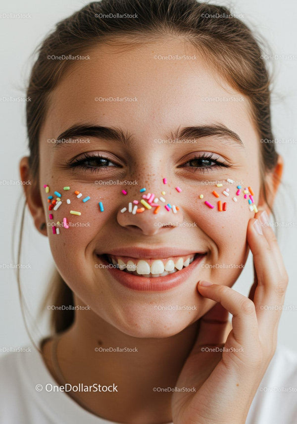 Joyful Young Woman with Colorful Sprinkles on Face and Bright Smile