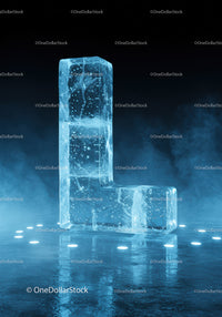 Frozen ice block shaped like letter L on illuminated surface