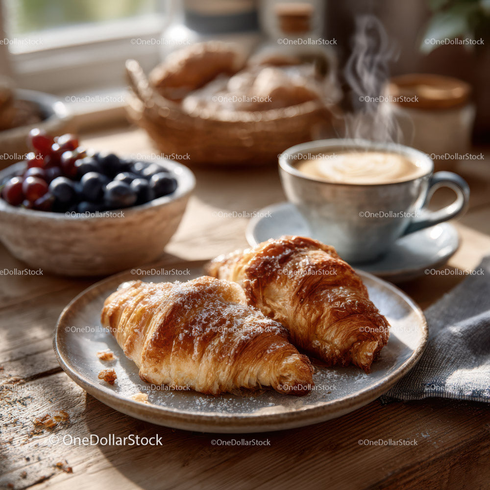 Rustic Breakfast with Croissants Coffee and Fresh Fruit