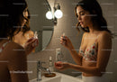 Young Woman Applying Serum in Bathroom Mirror with Skincare Products