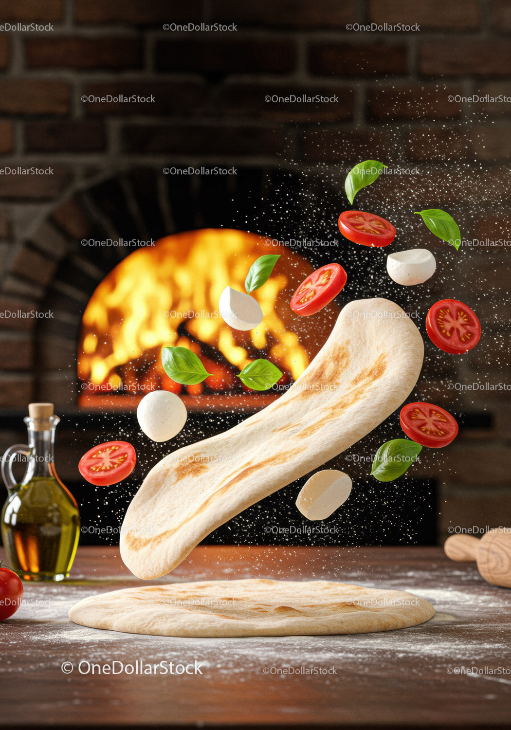 Fresh pizza dough with ingredients flying over wooden table