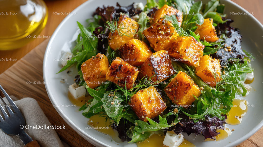 Vibrant Mixed Green Salad with Roasted Sweet Potatoes and Feta