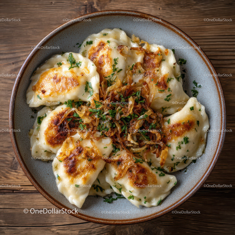 Golden Fried Potstickers with Crispy Edges and Garnished Herbs