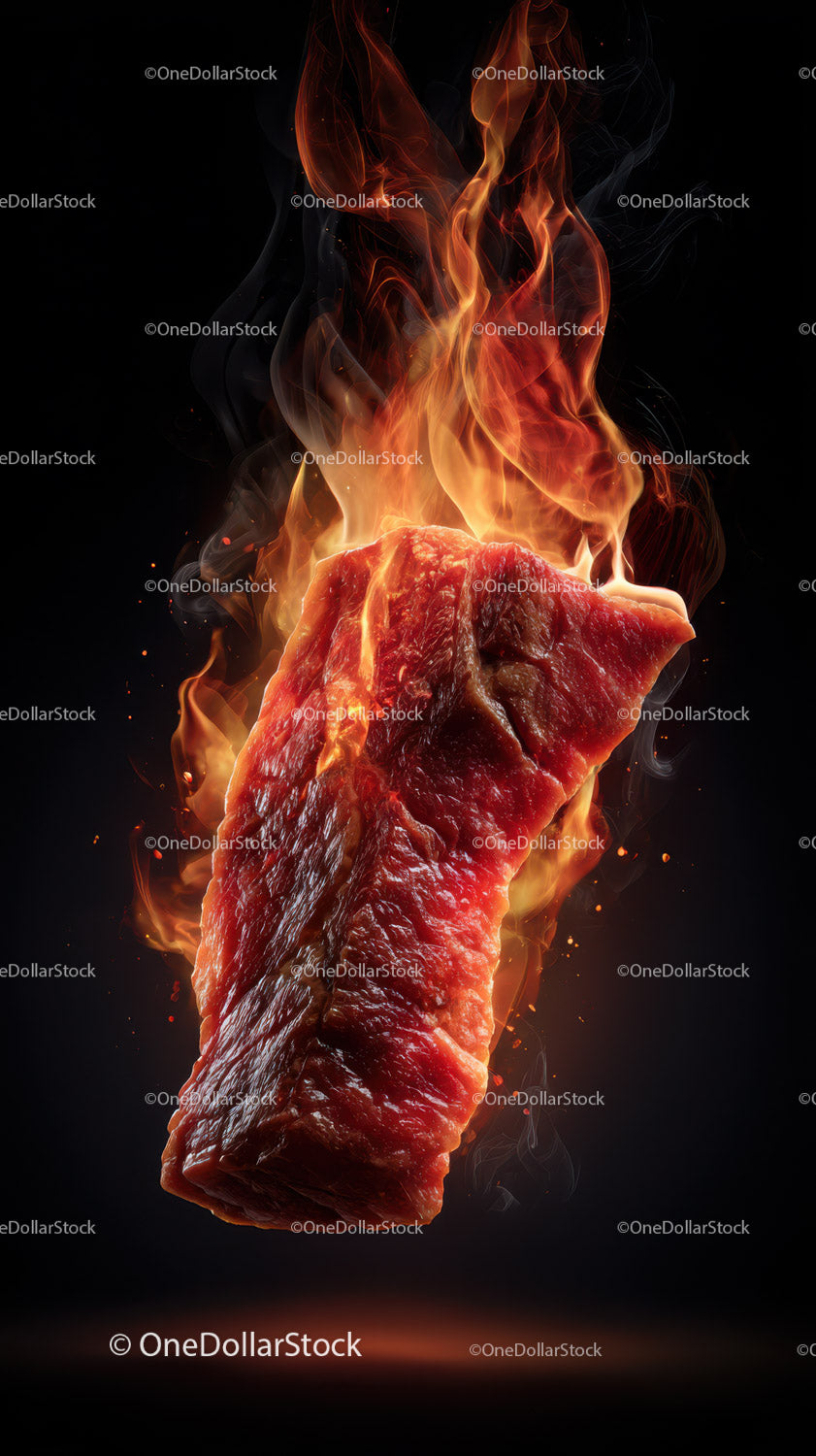 Fiery Raw Steak with Flames for Food and Culinary Photography