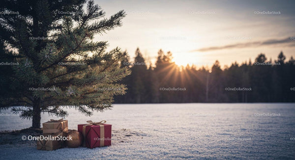 Christmas gifts under pine tree in snowy winter landscape