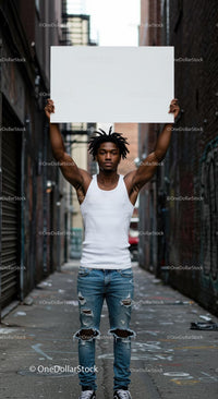 Young Man Holding Blank Sign in Urban Alleyway