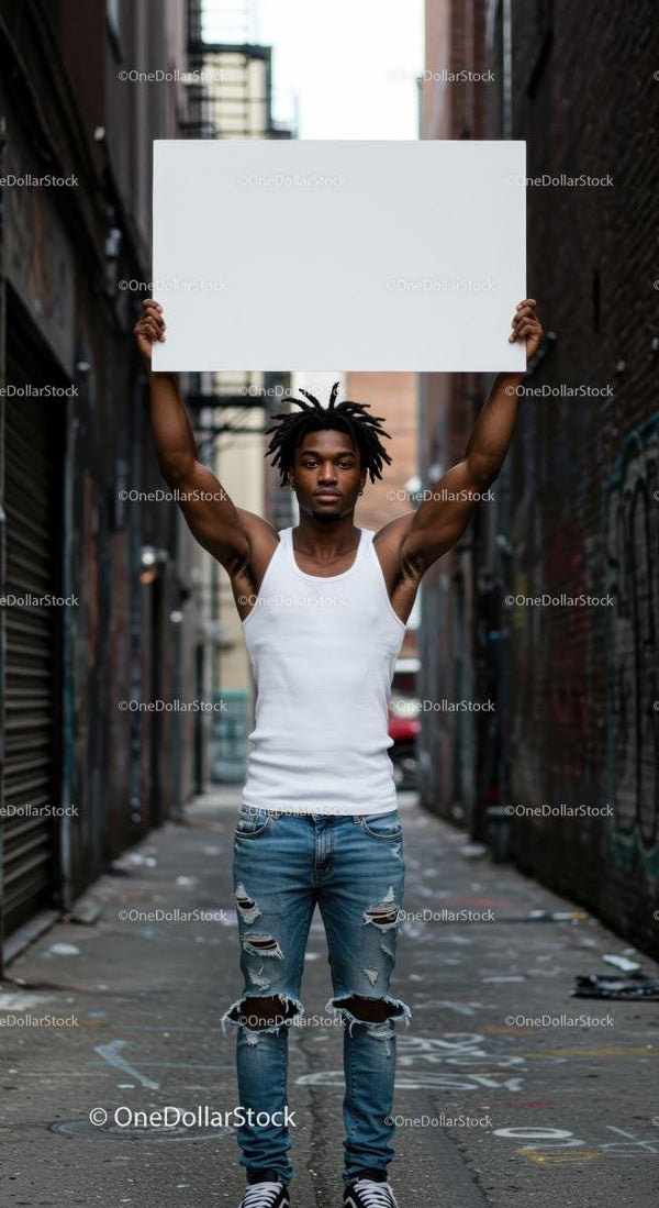 Young Man Holding Blank Sign in Urban Alleyway
