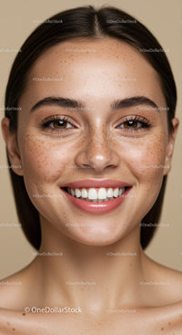 Close up of smiling woman with natural freckles
