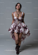 Charming Woman in Floral Dress Wearing Boots Posing Confidently