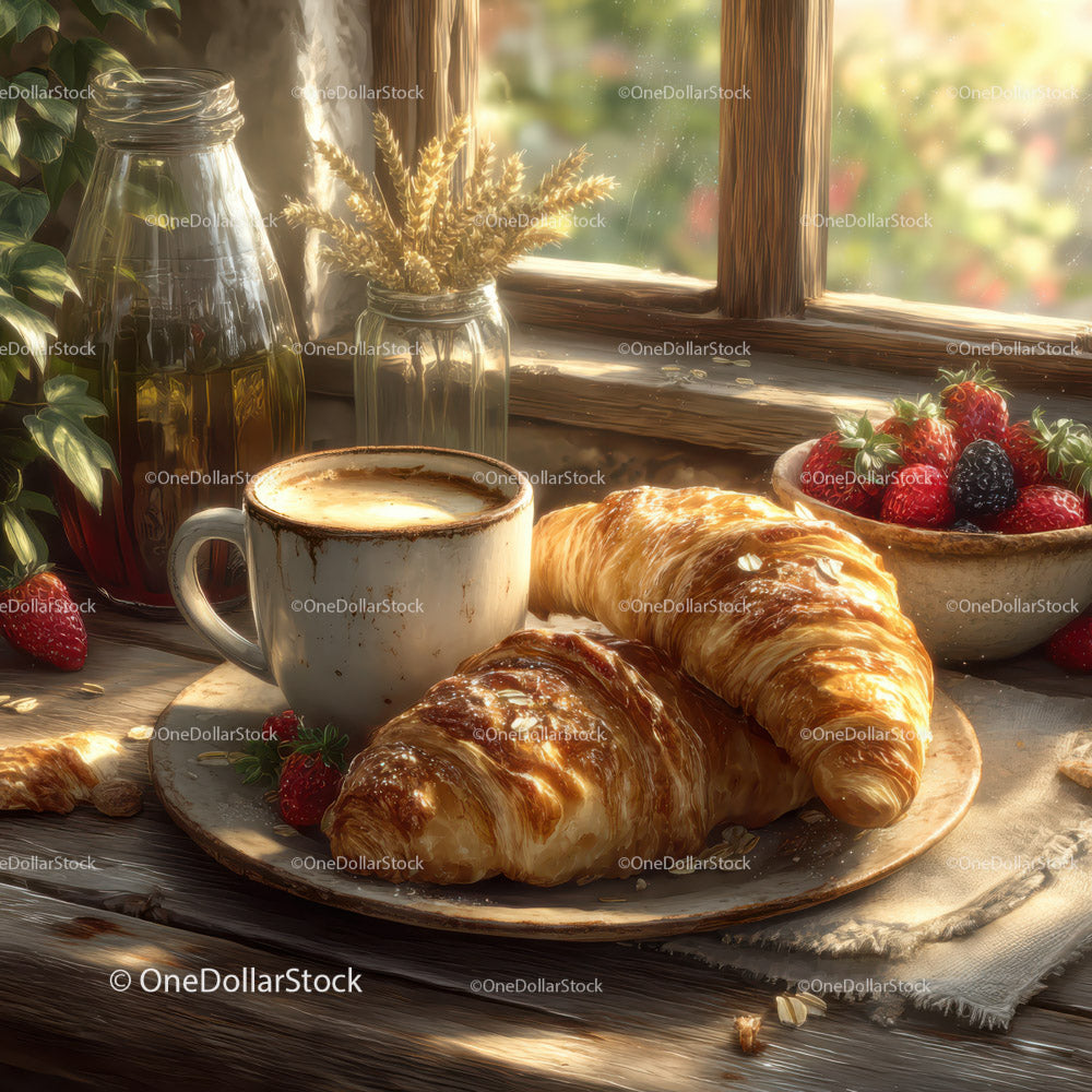 Cozy rustic kitchen with croissant and fresh fruit on sunlit wooden table