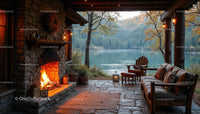 Serene Lakeside Porch with Fireplace and Fall Foliage