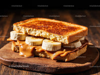 Banana and Peanut Butter Toast on Wooden Board