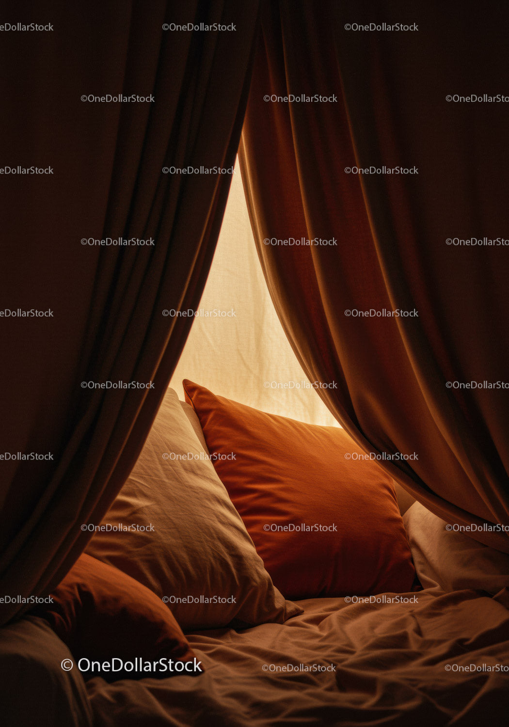 Warm Bedroom Scene with Red and Brown Curtains and Cushions