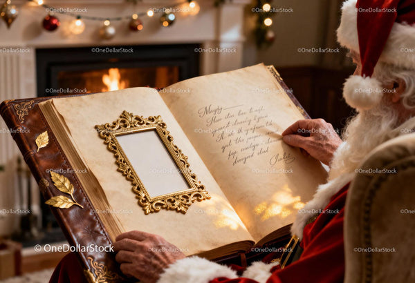 Santa Claus Reading from a Large Ornate Book by Fireplace