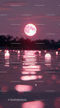 Pink Full Moon Reflecting on Calm Lake During Twilight