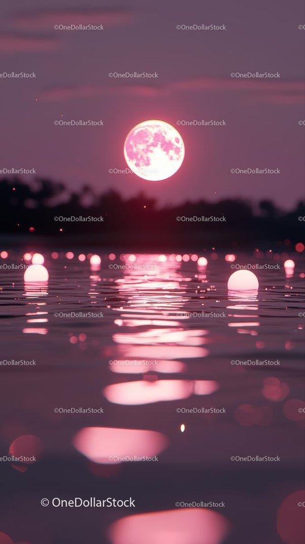 Pink Full Moon Reflecting on Calm Lake During Twilight