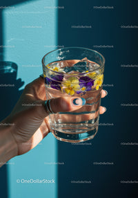 Hand Holding Glass of Flower-Infused Water with Ice Cubes