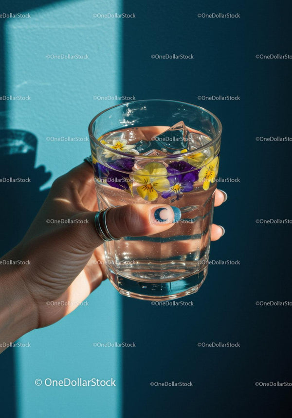 Hand Holding Glass of Flower-Infused Water with Ice Cubes